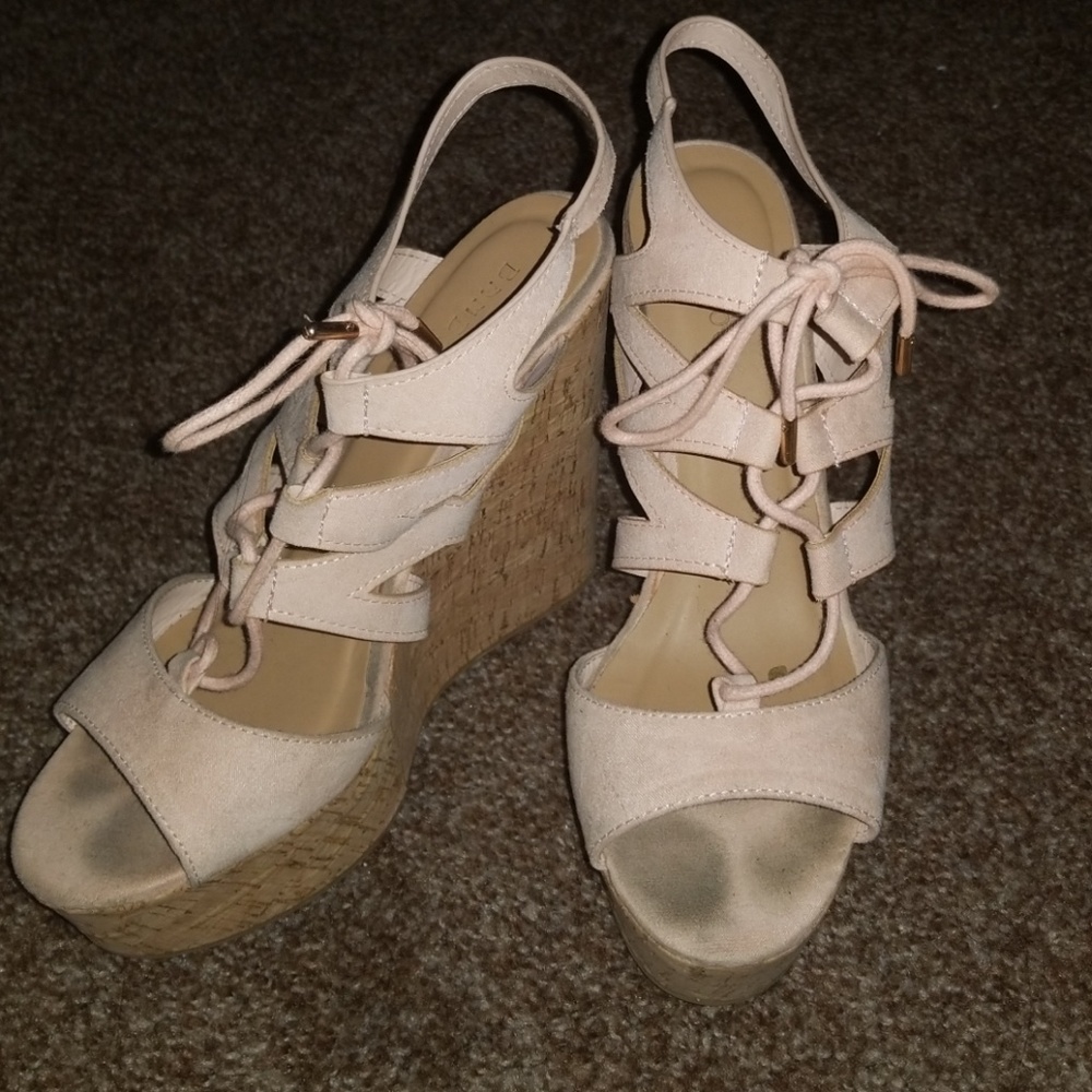 Bubblegum pink colored, lace up wedges